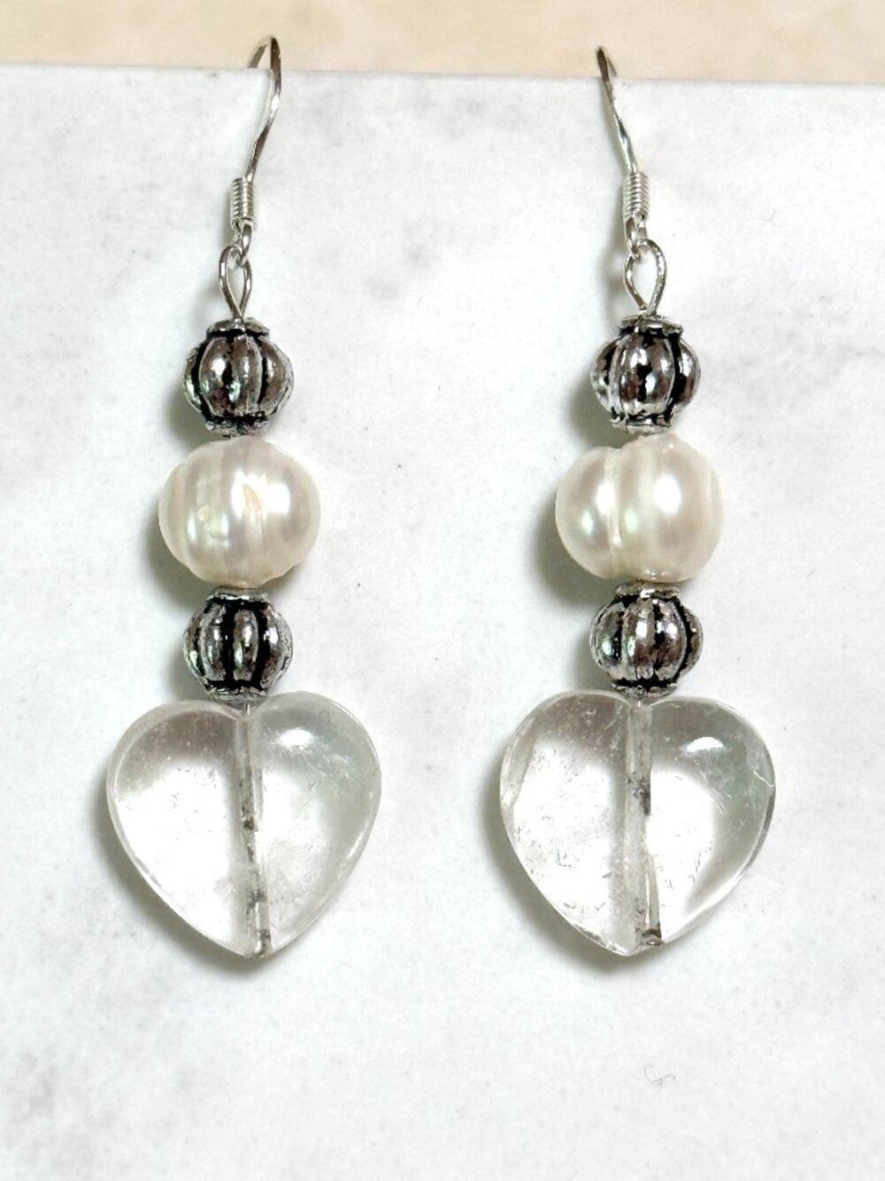 2/$20, Genuine Clear Quartz & Pearl Stone Heart Sterling Silver Hook Earrings